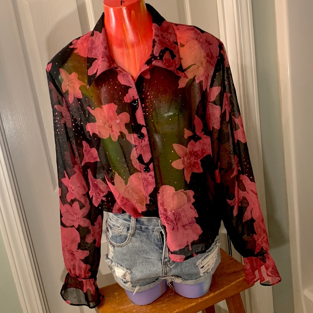 Vintage Sheer Black Blouse with Pink Floral Print